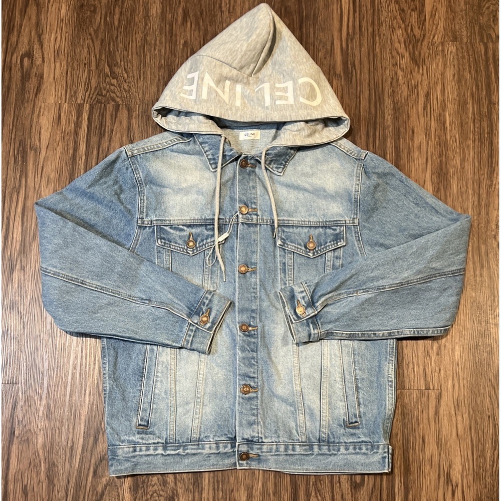Celine Denim Trucker Jacket Blue Gray Hooded  with Logo Size XL Made In Italy